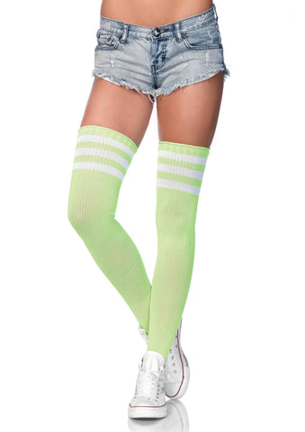3 Stripes Athletic Ribbed Thigh Highs - Neon Green - One Size LA-6605NGRN