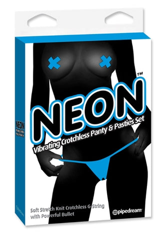 Neon Vibrating Crotchless Panty And Pasties Set - Blue